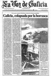 Primeira páxina de La Voz de Galicia coa nova do 'Hortensia' en 1984.