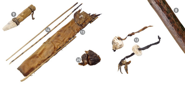 Utensilios de Ötzi. De esquerda a dereita, daga de pedra, arcos, funda de frechas de coiro, fungo yesca, fungo de bidueiro e cortiza de bidueiro. / Institute for Mummies and the Iceman.