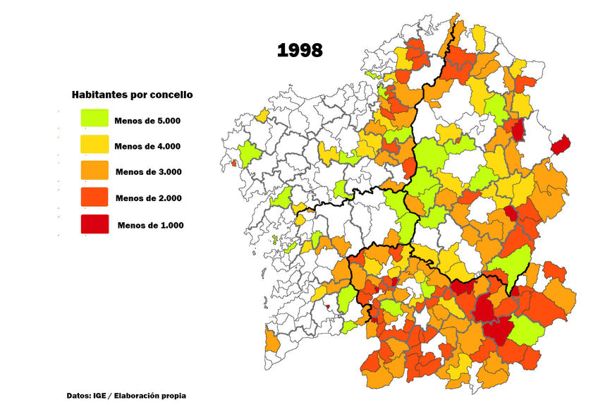 Evolución da poboación dos concellos entre 1998 e 2017.