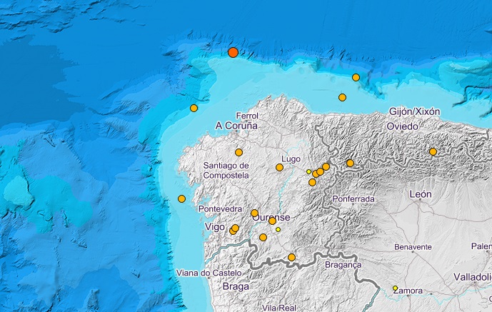 Localización de sismos en Galicia nos últimos 30 días. Fonte: IGM.