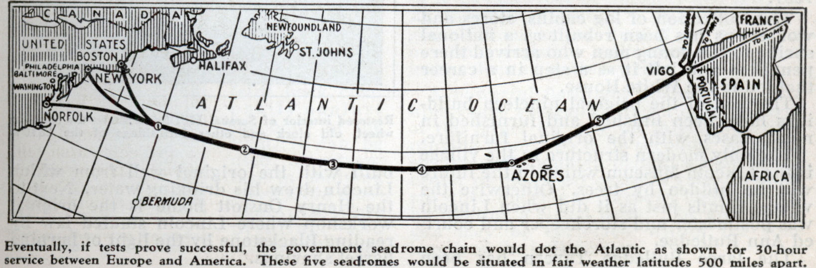 A ruta do proxecto de Armstrong entre Nova York e Vigo con seadromes.