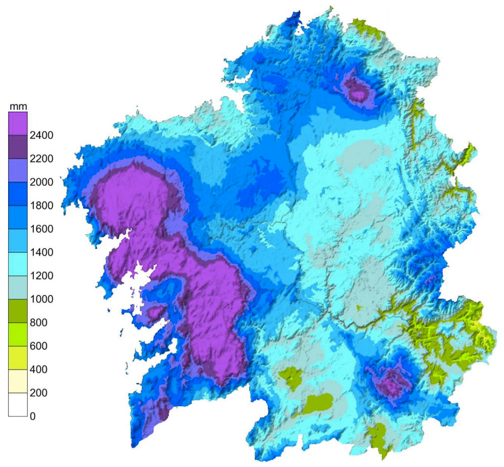  Mapa de precipitación acumulada en Galicia no ano 2014.