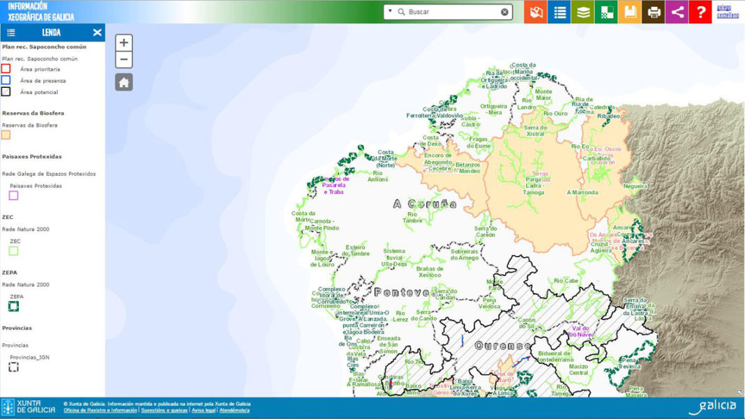 Visor xeográfico web dos espazos naturais e a biodiversidade de Galicia.
