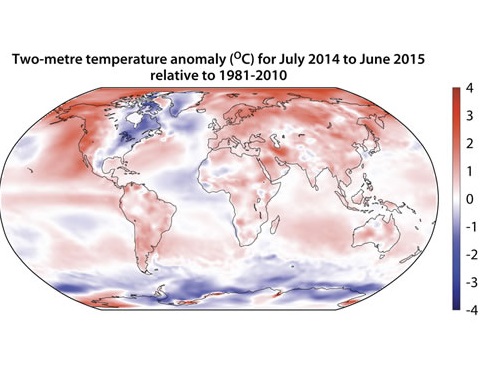Gráfico de Copernicus sobre a evolución das temperaturas no 2015.