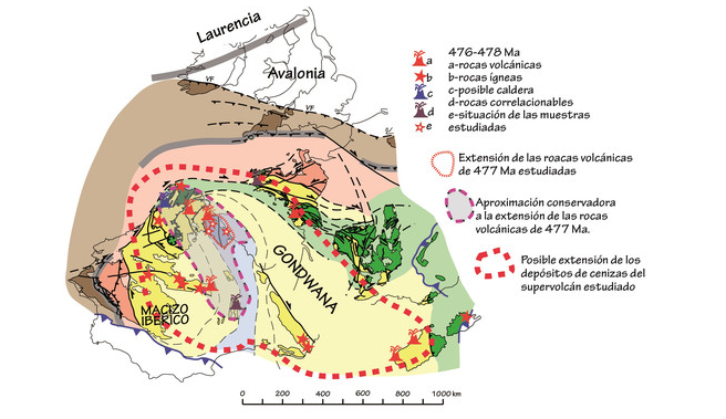 O continente Gondwana e a área da erupción do supervolcán.