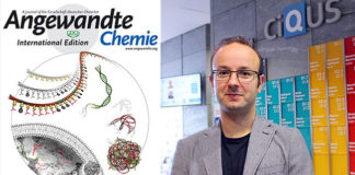 Portada de Angewandte Chemie co esquema do estudo e un dos autores, Javier Montenegro, do CiQUS. / Andrés Ruiz.