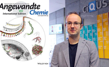 Portada de Angewandte Chemie co esquema do estudo e un dos autores, Javier Montenegro, do CiQUS. / Andrés Ruiz.