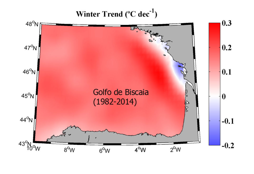 A temperatura do Golfo de Biscaia aumentou 0,26 graos por década. /DUVI.
