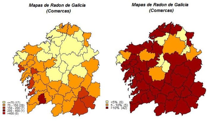 Mapas do gas radón en Galicia.