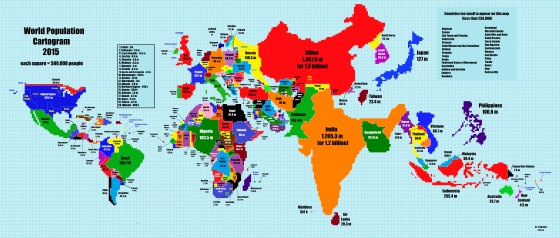 Mapa político do mundo que representa os países segundo a súa poboación. Fonte: TeaDranks.