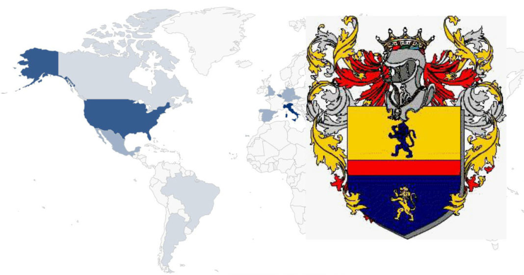Mapa da distribución mundial dos Carallo e o seu escudo de armas.