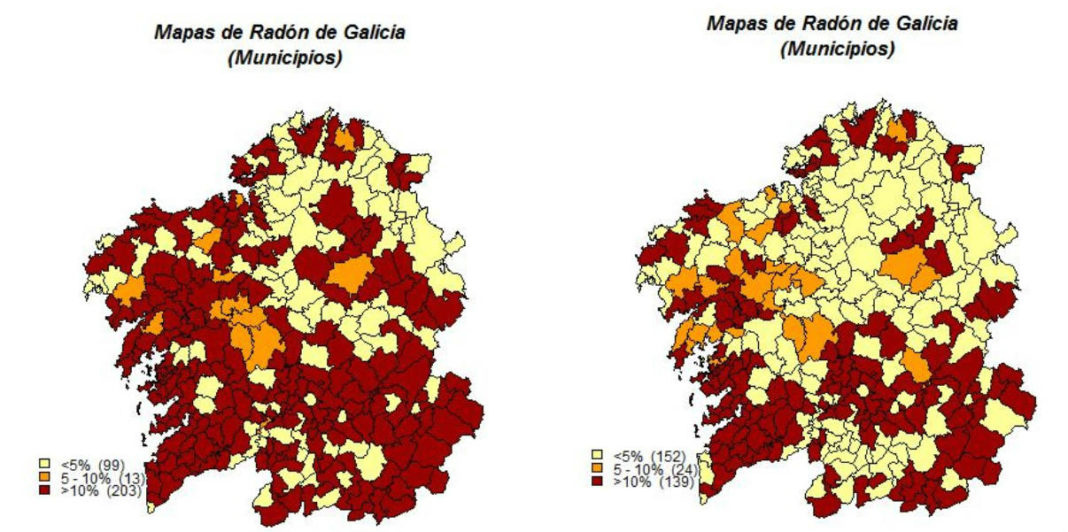 Porcentaxes de medicións nos concellos de Galicia por riba dos 200 bq/m3 (esquerda) e 300 bq/m3 (dereita). Imaxe: USC.