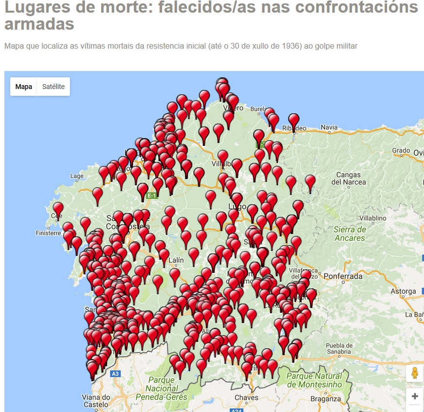 Puntos de Galicia onde se rexistraron mortes. Fonte: Nomes e Voces.