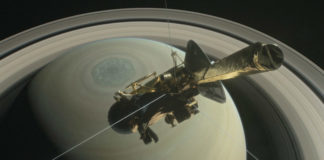 Ilustración da primeira inmersión de Cassini no hemisferio norte de Saturno, en abril deste ano. Fonte: NASA.