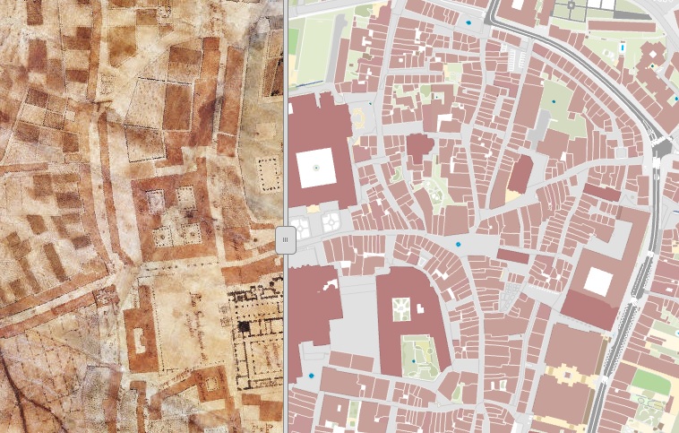 Comparación entre o plano de 1783 e a cartografía de 2014 no centro da cidade. Fonte: Xeoportal Santiago.