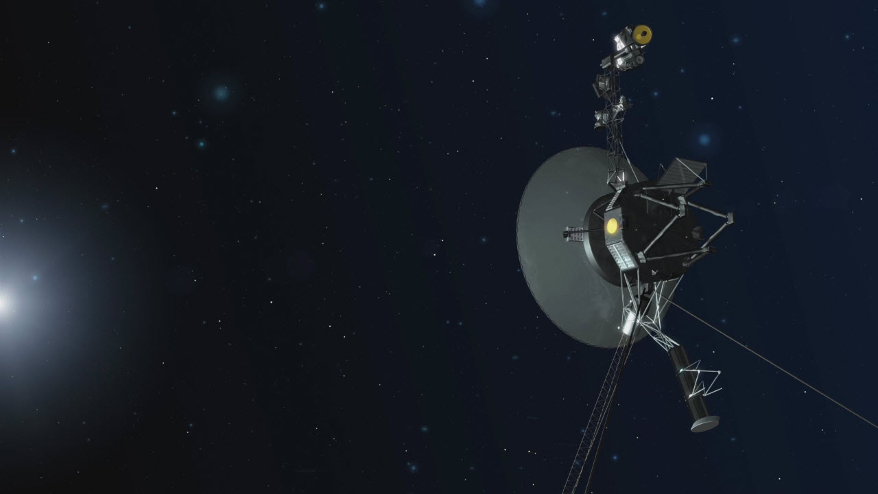 Recreación da nave Voyager 1 da NASA, viaxando no espazo interestelar.