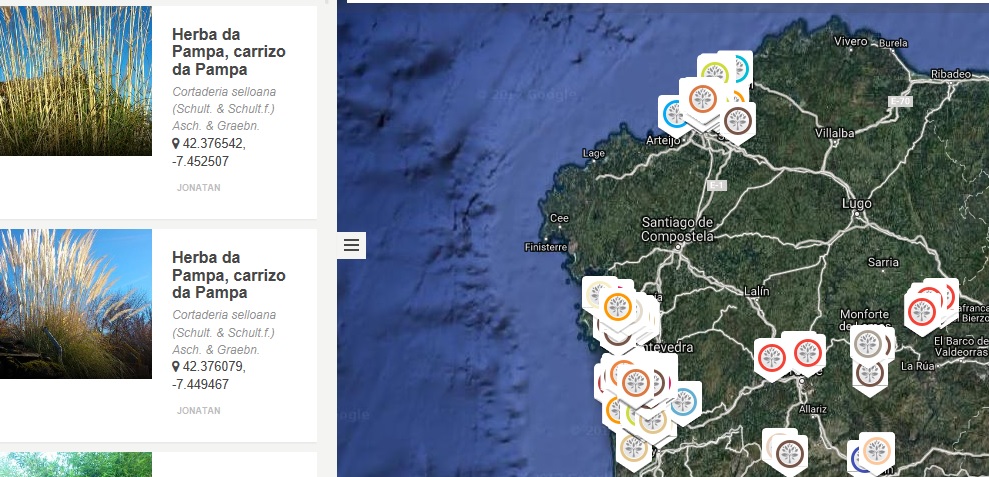 A web da Rede Alien Species Network recolle avistamentos de especies invasoras en Galicia. Fonte: invasoras.gal.