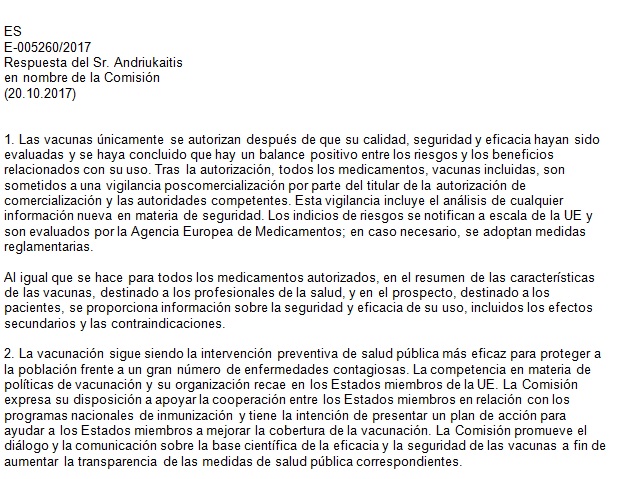 Resposta do comisario europeo de Saúde e Seguridade Alimentaria a Lidia Senra. Fonte: Parlamento Europeo.