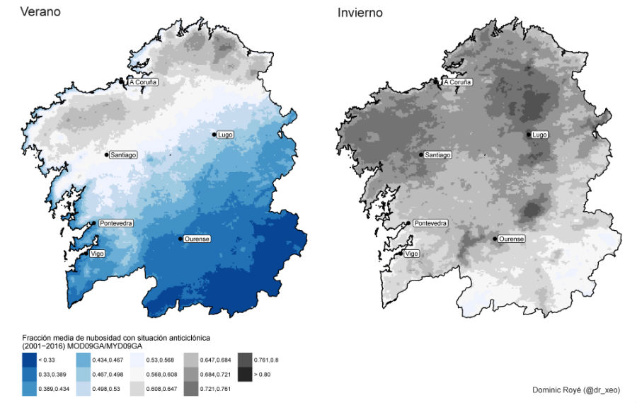 Datos de nubosidade en verán (esquerda) e inverno, onde se amosan as anomalías no val do Miño e a depresión de Monforte. Fonte: Dominic Royé, con datos dos satélites da NASA Terra e Aqua.