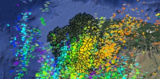 Imaxe da rede de detección de raios de Galicia do día 26 de maio de 2017. Fonte: MeteoGalicia.