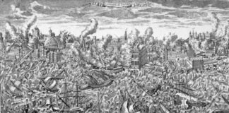 Gravado do tsunami que arrasou Lisboa en 1755.