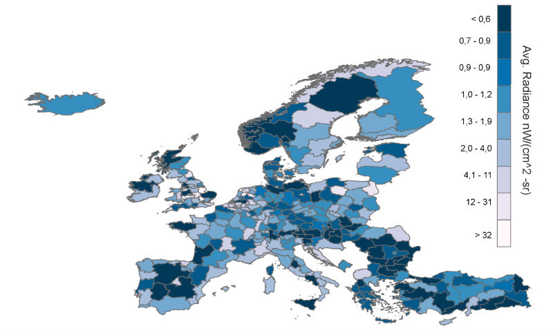 Mapa da radiancia da contaminación luminosa das rexións de Europa. Fonte: Dominic Royé (Datos: VIIRS Night Time Light Composite 2016).