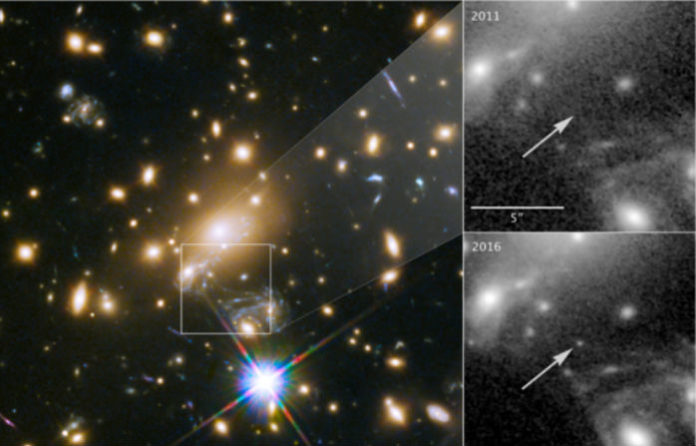 Imaxe en cor do cúmulo MACS J1149+2223 observado polo Hubble.. Á dereita, amósase a zona observada en 2011, onde non se ve a estrela Ícaro, comparada coa de 2016 onde se aprecia claramente esta superxigante azul. / NASA, ESA, and P. Kelly (University of Minnesota).