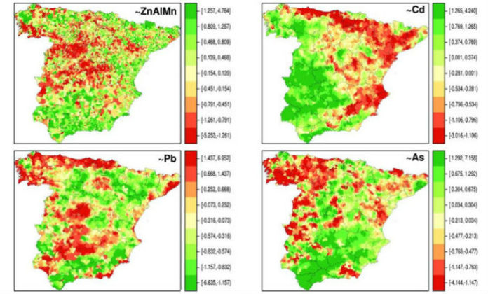 Distribución espacial da composición de metais no solo nos municipios españois:, zinc (Zn), aluminio (Al), manganeso (Mn), na primeira imaxe; e cadmio (Cd), chumbo (Pb) e arsénico (As). / G. López-Abente et al./Environ Sci Pollut Res Int.