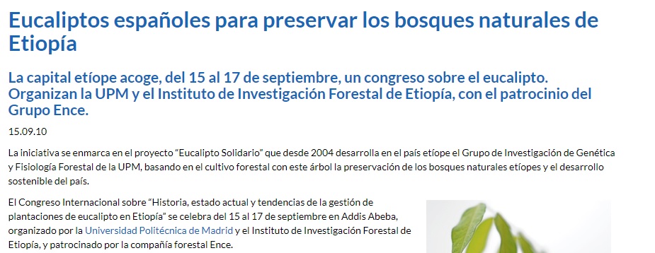 Información publicada na web da Universidad Politécnica de Madrid na que se menciona o patrocinio de ENCE ao congreso sobre o eucalipto en Etiopía.