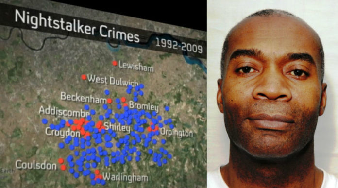 Imaxe de Delroy Grant, o depredador de Londres, ao lado dun gráfico que amosa as actuacións polas que se lle acusa e outras nas que podería estar involucrado. Fonte: Channel 4 / Scotland Yard.