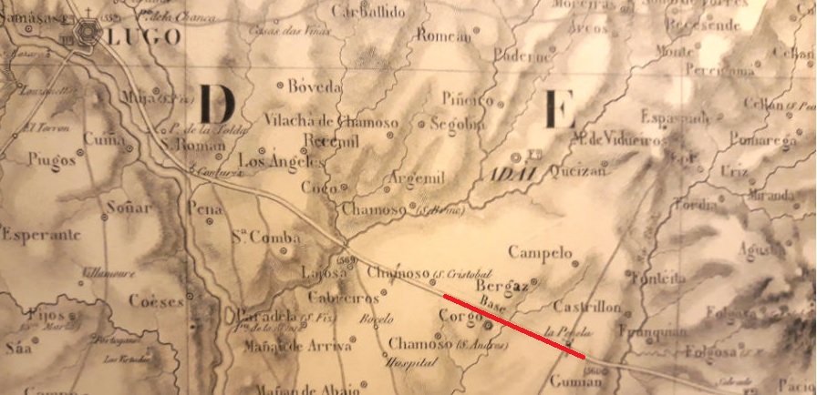 A liña vermella indica a zona onde Fontán mediu a base do Corgo, a partir da cal triangulou a parte oriental do país. Foto: R. Pan.