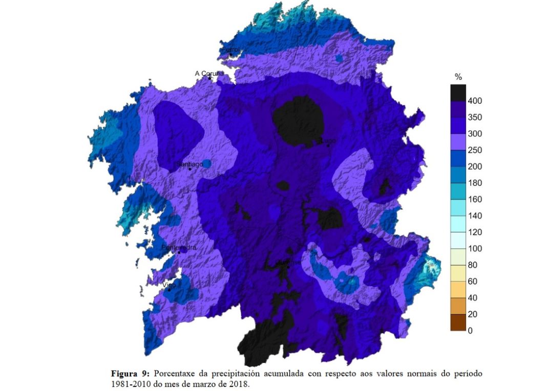 Niveis de chuvia acumulada en marzo en Galicia, onde a media estivo case un 300% por riba do normal. Fonte: MeteoGalicia.