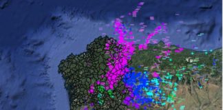 Imaxe do radar de raios de MeteoGalicia, cos rexistrados desde a medianoite do martes ao mércores. Fonte: meteogalicia.gal.