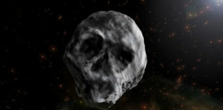 Baixo determinadas condicións de iluminación, o asteroide parece unha caveira. Ilustración: José Antonio Peñas/SINC.