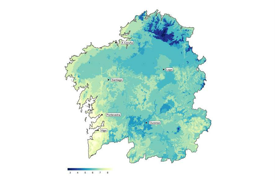 Variación espacial do índice de aptitude do clima (a maior valor, maior aptitude) para vivir en función das preferencias da poboación galega e das condicións climáticas do territorio. Autor: Dominic Royé.