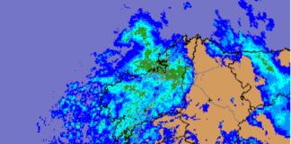 Imaxe de radar coas precipitacións que Michael deixa este luns sobre Galicia. Fonte: MeteoGalicia.