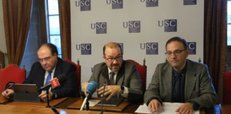 Presentación da feira Abanca-USC; de dereita a esquerda, Gumersindo Feijoo, Antonio López e Miguel Angel Escotet. Foto: Servimav-USC.