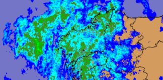 Radar de MeteoGalicia no mediodía do día 9, momento do máximo 'diluvio'.