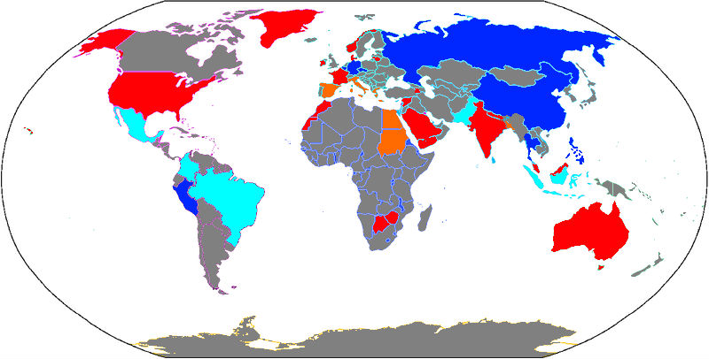 Estatus legal (2014) do metamizol (nome xenérico do Nolotil) no mundo. En vermello, países onde está prohibido; en azul escuro, só con receita; en azul claro; sen apenas restriccións; en laranxa, só con receita e con amplas restriccións; en gris; sen datos. Fonte: Fuse809, con datos da OMS / CC BY-SA 3.0.