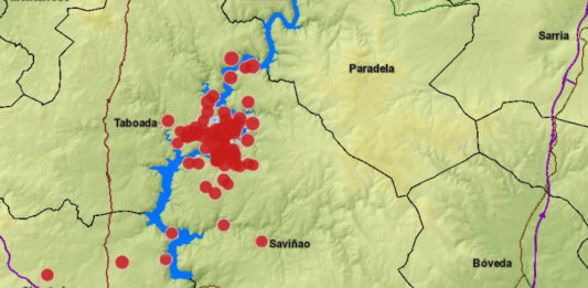En vermello, terremotos rexistrados na zona do encoro de Belesar, segundo datos do Instituto Geográfico nacional. Fonte: xunta.gal/IGN/Elaboración propia.