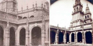 Dúas vistas do claustro da catedral, por Cisneros, ca. 1858 (Cabo e Costa, 1991: p. 60, á esquerda; e poxa de 17/11/2013 de Ader Nordmann dos fondos fotográficos do Institut Catholique de Paris, á dereita).
