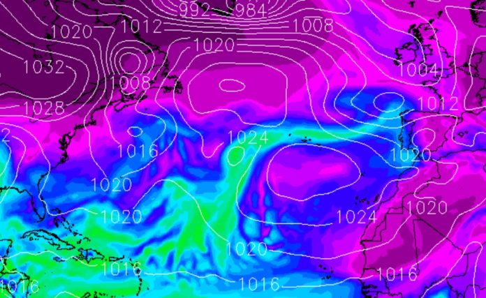 Imaxe da humidade que trae consigo o río atmosférico que cruza o Atlántico. Fonte: MeteoGalicia.