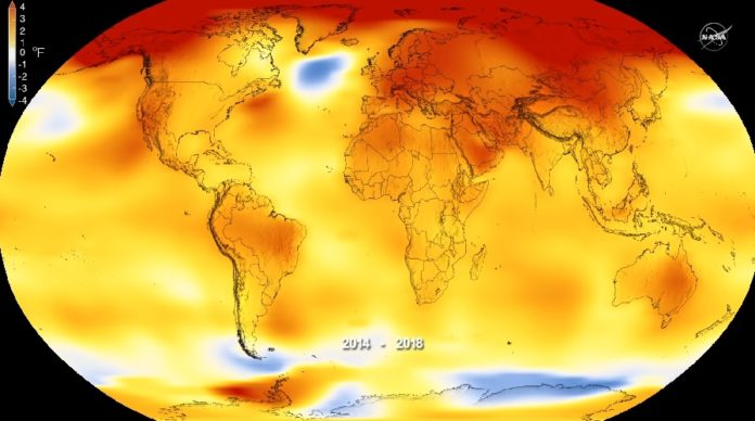 Aumento da temperatura respecto á media no período 2014-2018. Fonte: NASA.