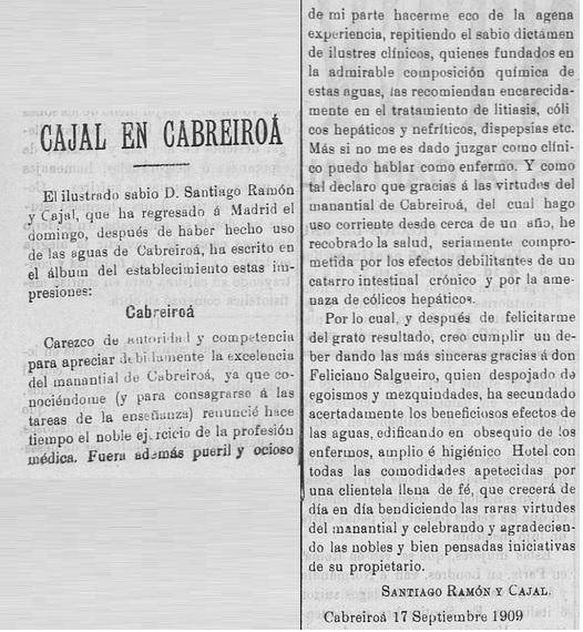 O "Diario de Pontevedra" recolleu o testemuño que Cajal deixou en Cabreiroá.