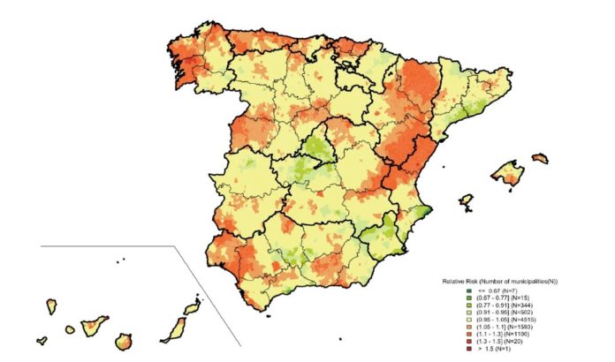 Risco relativo de mortalidade por cancro de próstata en España entre 2010 e 2014. Fonte: L. Rodriguez-Sanchez, B. Perez-Gomez et al. / Plos One.