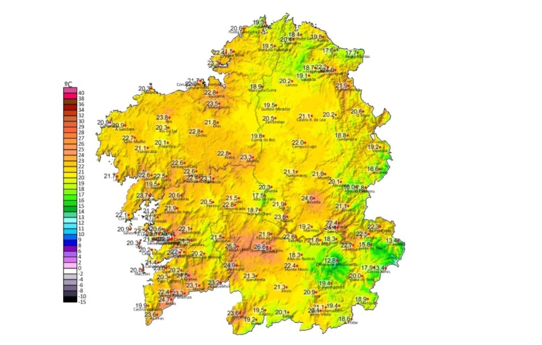 Mapa de máximas hoxe, co récord en febreiro no val do Miño en Ourense e outros puntos. Fonte: MeteoGalicia.