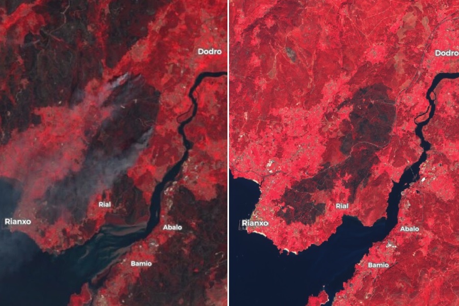Comparación da zona queimada nos incendios de 2006 (esquerda) e 2019 (dereita). Fonte: Sentinel Hub (imaxe en falso color).