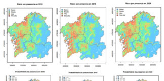 Mapa da distribución da velutina en 2018, 2019 e 2020 en Galicia. Fonte: informe de VeluMap