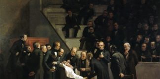 Cadro de Robert C. Hinckley que recolle a primeira operación con éter como anestésico da historia.