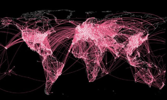 Contención epidémica na rede de transporte aéreo. A imaxe mostra as redes despois de que o 33,3% das ligazóns se eliminaran considerando a importancia dos enlaces na epidemia. Fonte: A. Arenas et al./Science Advances.